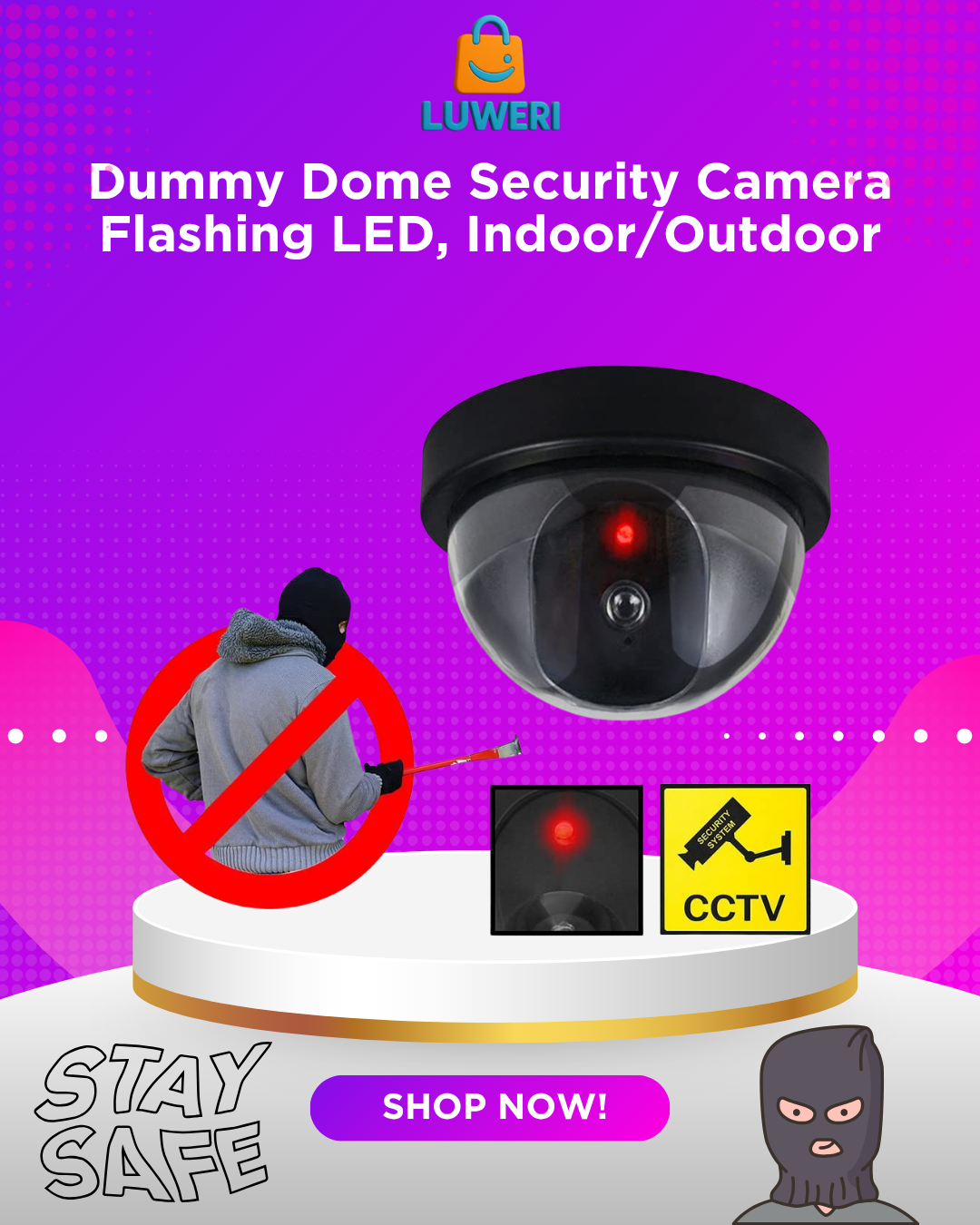 Dummy Dome Security Camera – Flashing LED, Indoor/Outdoor