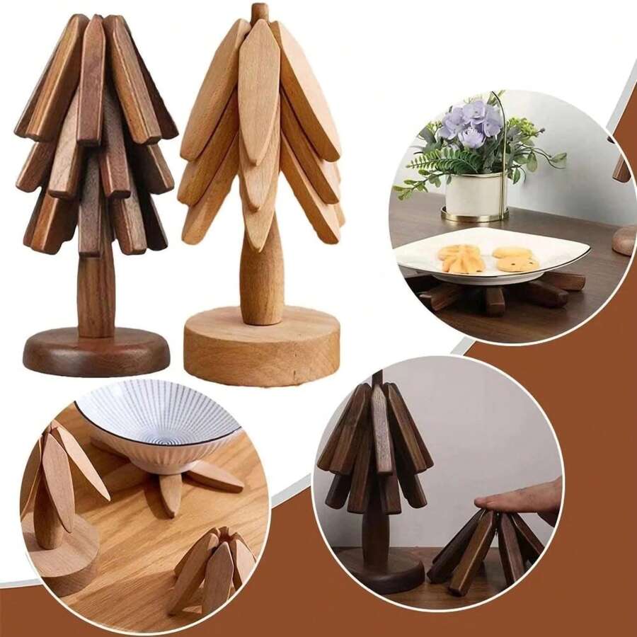 4PCS Wooden Folding Trivets – Black Walnut Heat-Insulated Pads