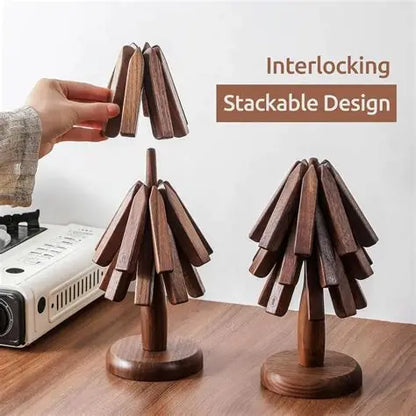 4PCS Wooden Folding Trivets – Black Walnut Heat-Insulated Pads